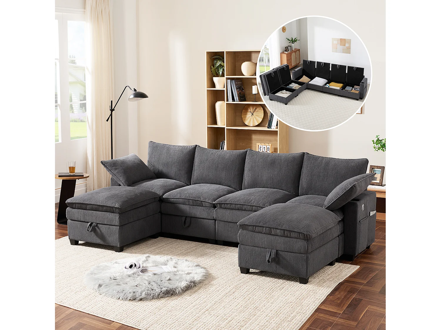Canapé d'angle modulable 6 places en velours côtelé gris, avec poufs et rangements pour salon