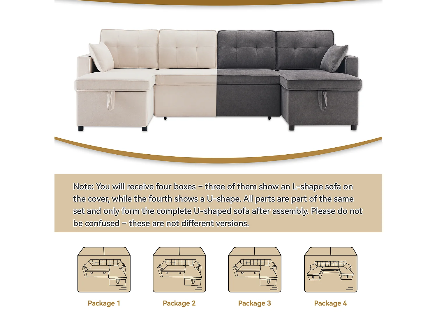 Canapé convertible en U 4 places, tissu effet lin gris, rangement et porte-gobelets pour salon