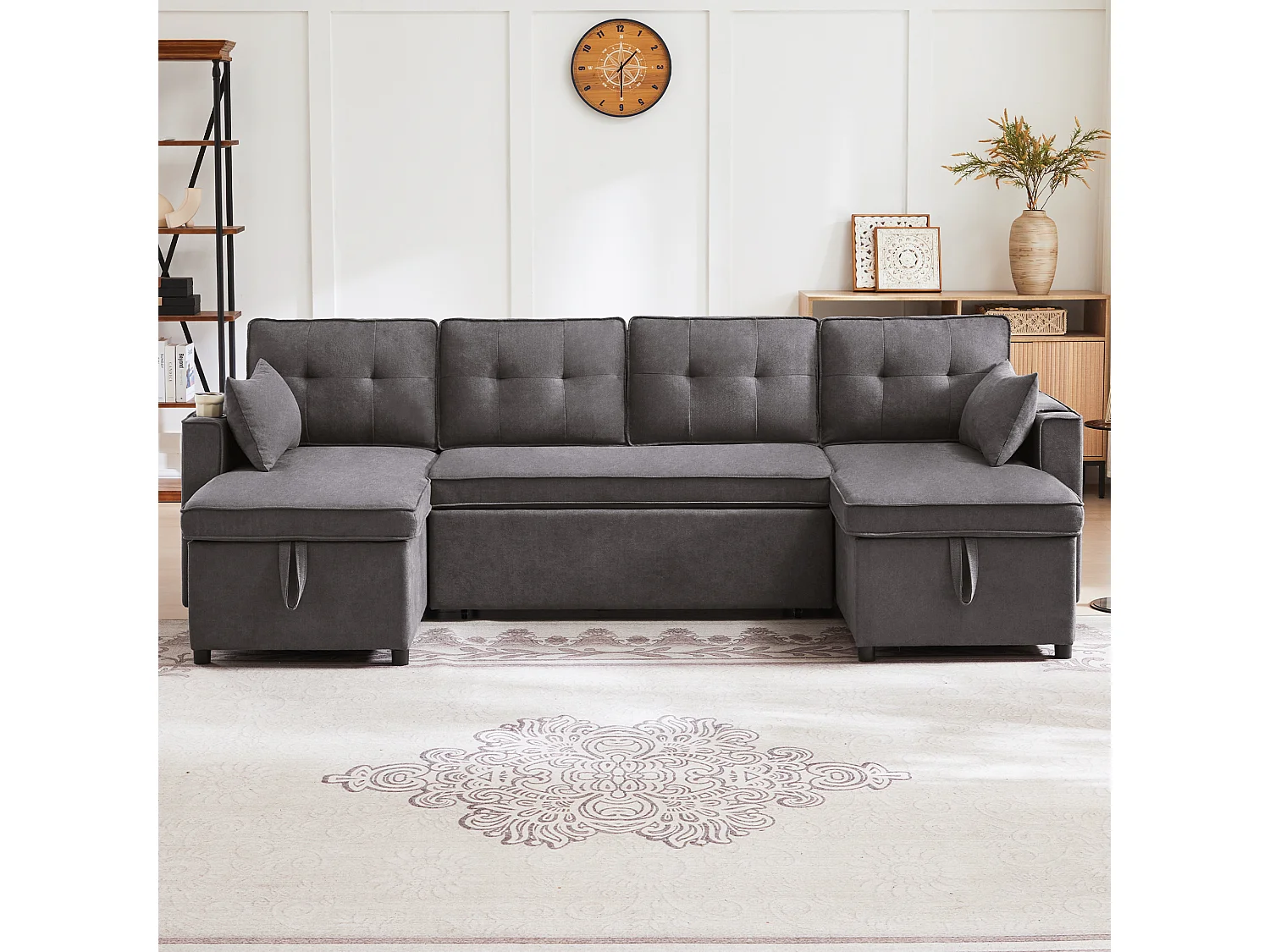 Canapé convertible en U 4 places, tissu effet lin gris, rangement et porte-gobelets pour salon