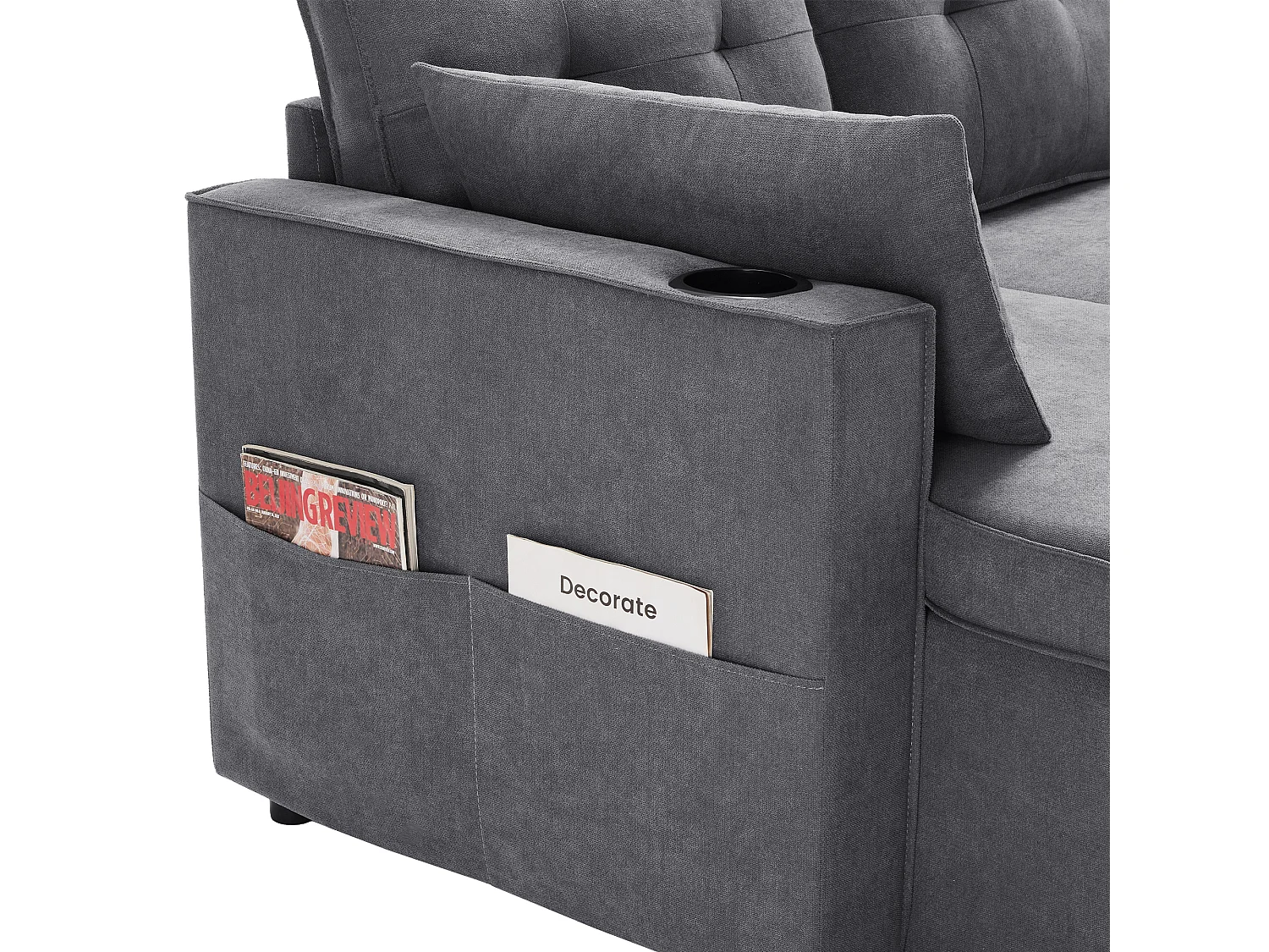 Canapé convertible en U 4 places, tissu effet lin gris, rangement et porte-gobelets pour salon