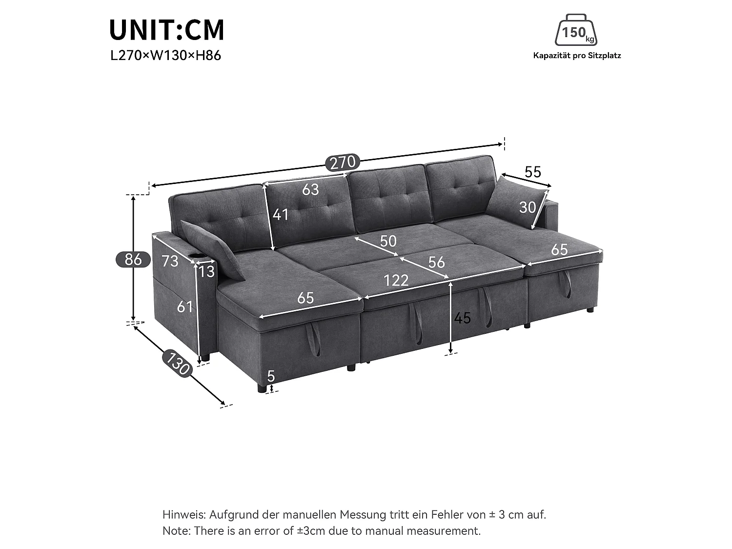 Canapé convertible en U 4 places, tissu effet lin gris, rangement et porte-gobelets pour salon