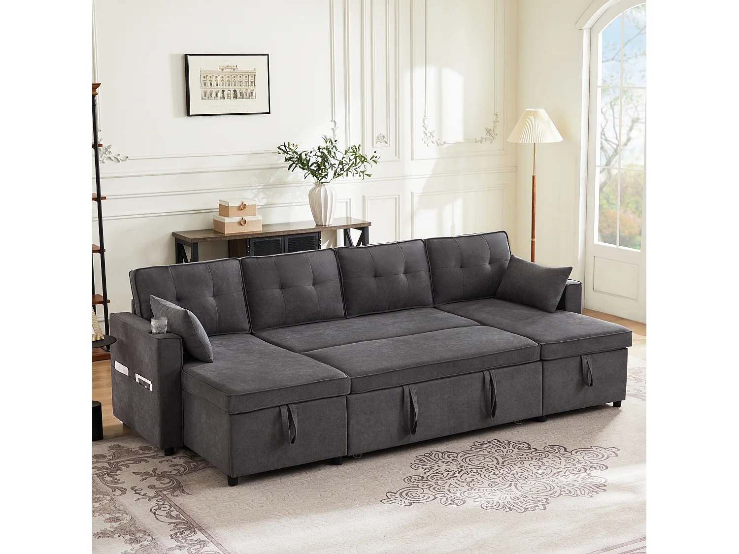 Canapé convertible en U 4 places, tissu effet lin gris, rangement et porte-gobelets pour salon