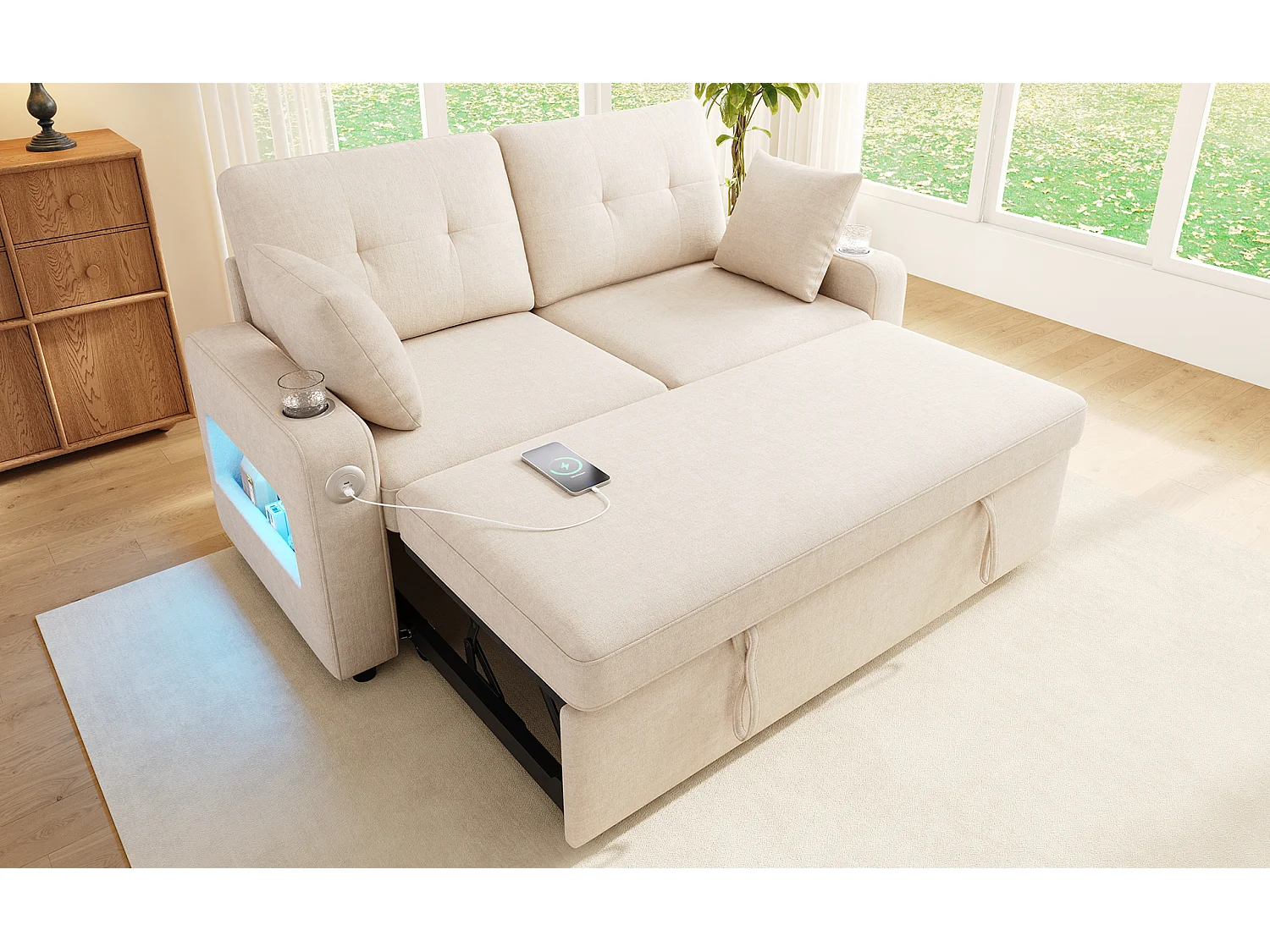 Canapé convertible 2 places en chenille beige, LED et rangements avec ports USB et Type-C pour salon
