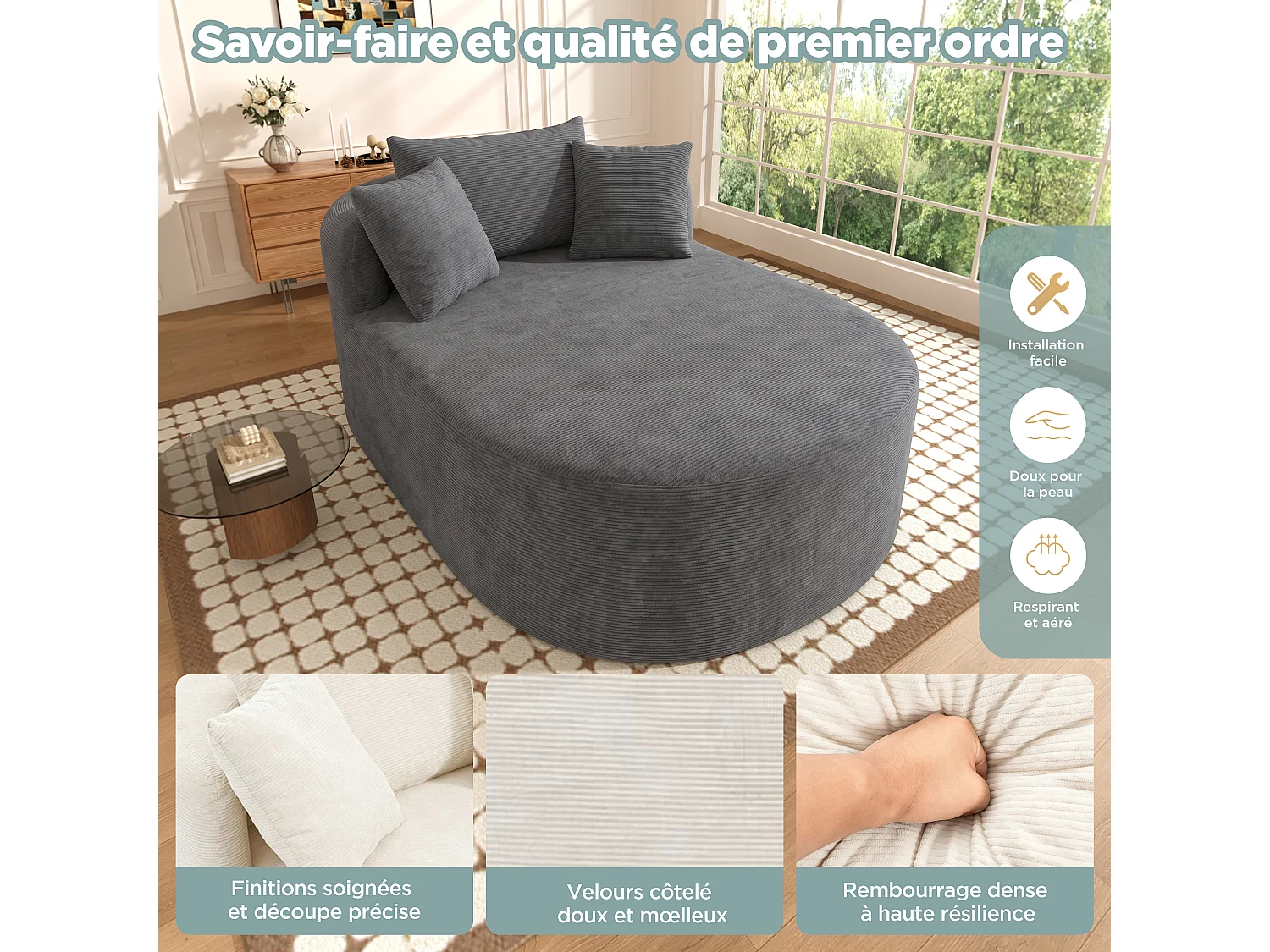 Fauteuil relax ovale en velours côtelé gris foncé, assise profonde pour le salon