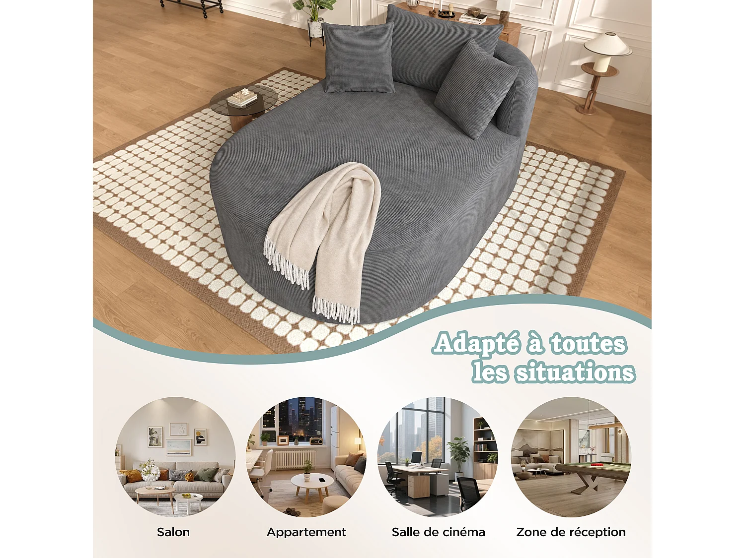 Fauteuil relax ovale en velours côtelé gris foncé, assise profonde pour le salon