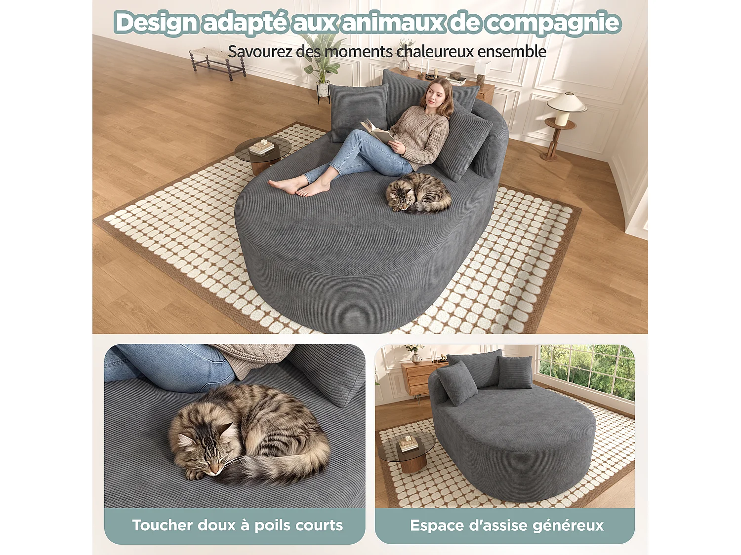 Fauteuil relax ovale en velours côtelé gris foncé, assise profonde pour le salon