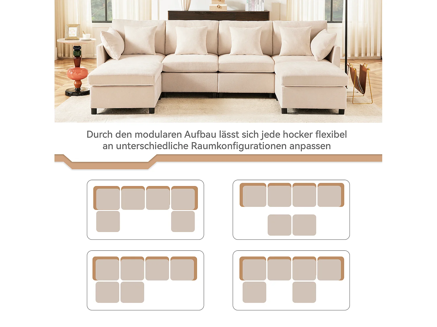 Canapé modulable en U, chenille beige, configuration en L avec 2 poufs pour le salon