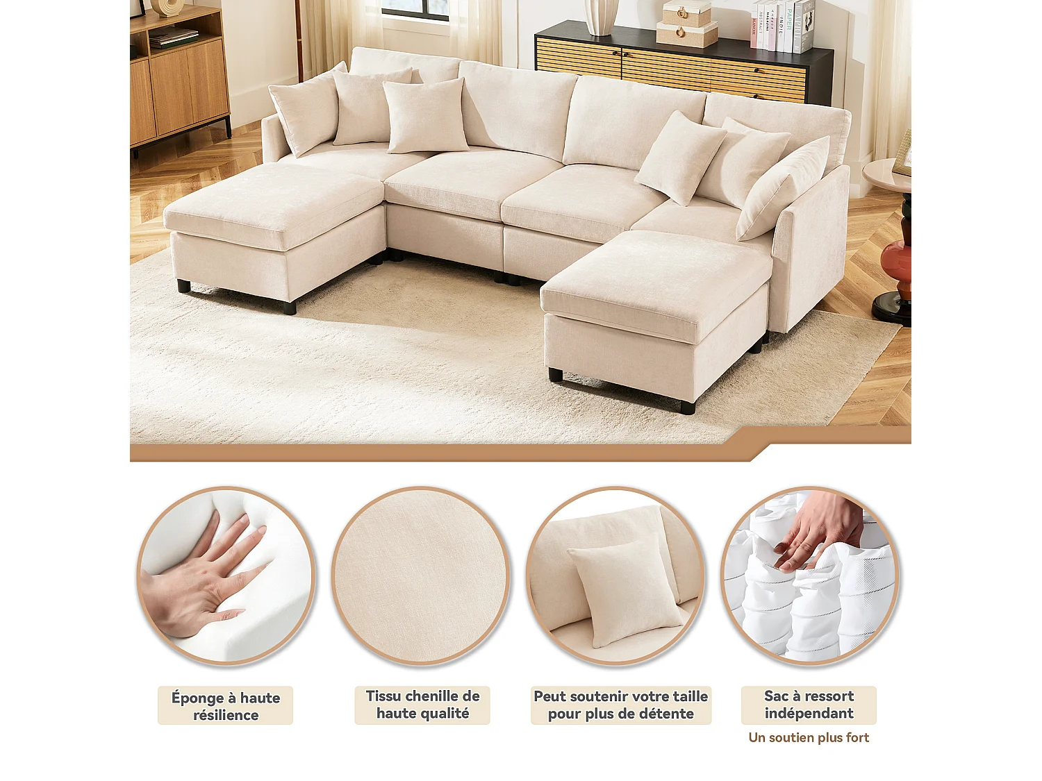 Canapé modulable en U, chenille beige, configuration en L avec 2 poufs pour le salon