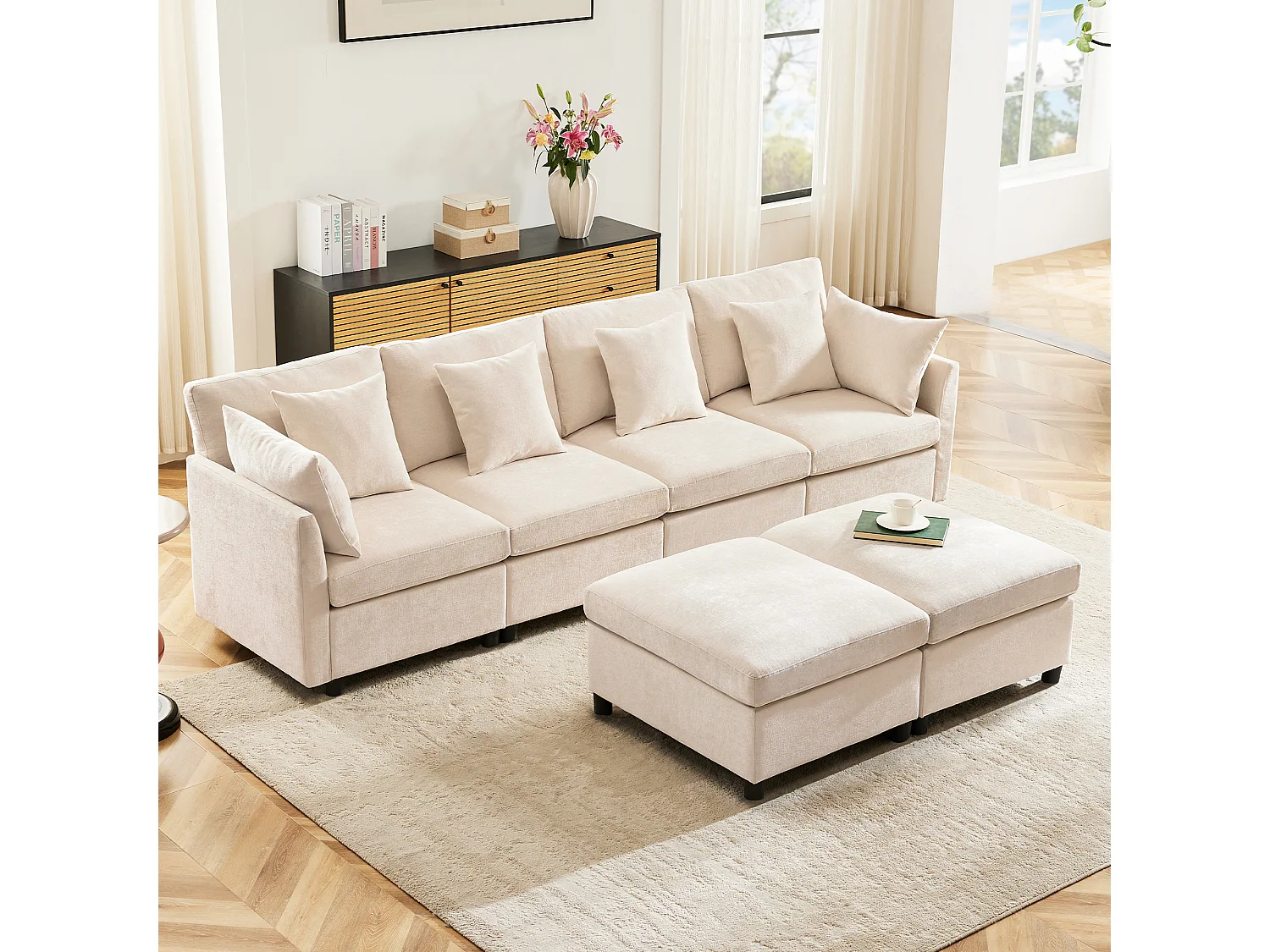 Canapé modulable en U, chenille beige, configuration en L avec 2 poufs pour le salon