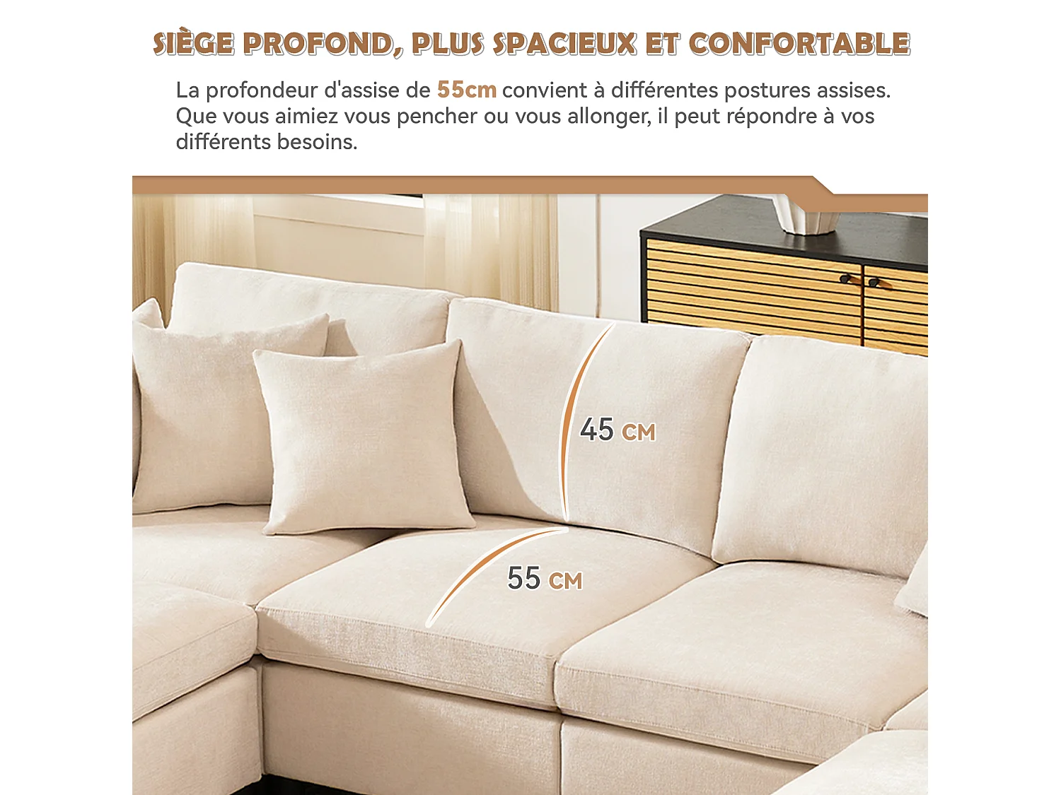 Canapé modulable en U, chenille beige, configuration en L avec 2 poufs pour le salon