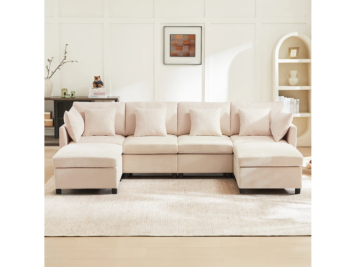 Canapé modulable en U, chenille beige, configuration en L avec 2 poufs pour le salon