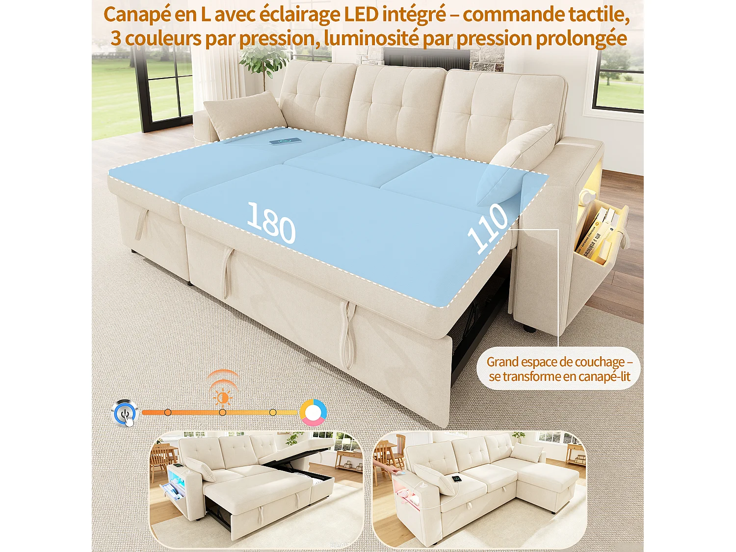 Canapé d’angle convertible 3 places en tissu chenille beige avec méridienne réversible, coffre, LED et USB
