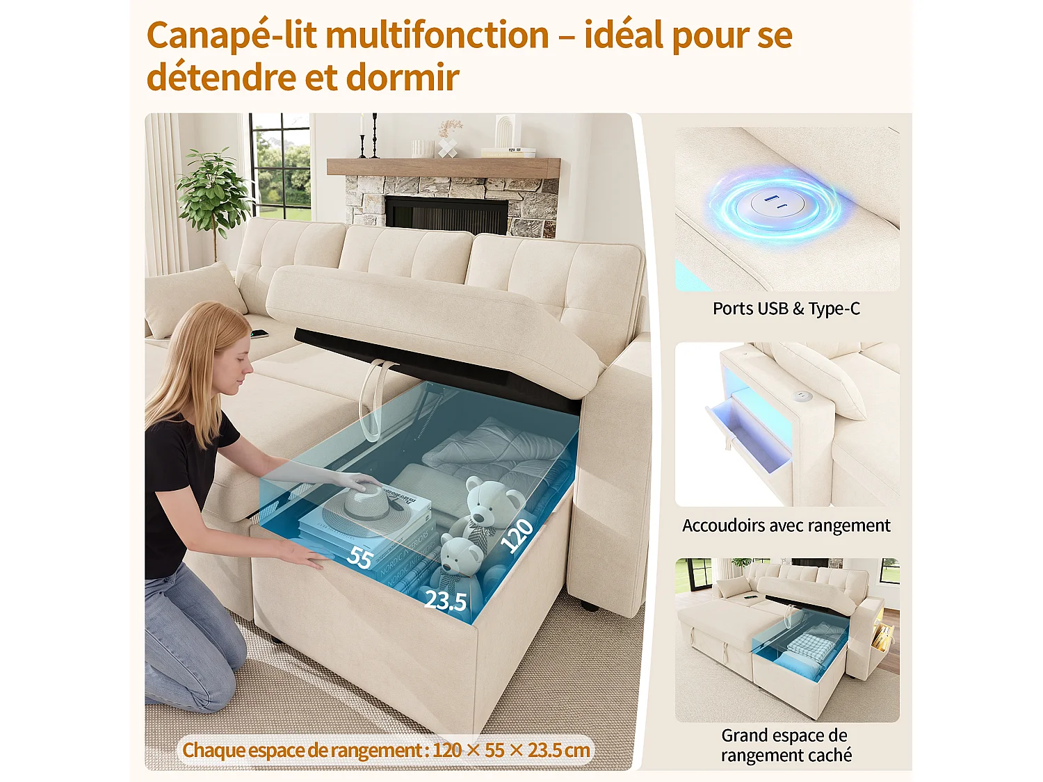 Canapé d’angle convertible 3 places en tissu chenille beige avec méridienne réversible, coffre, LED et USB