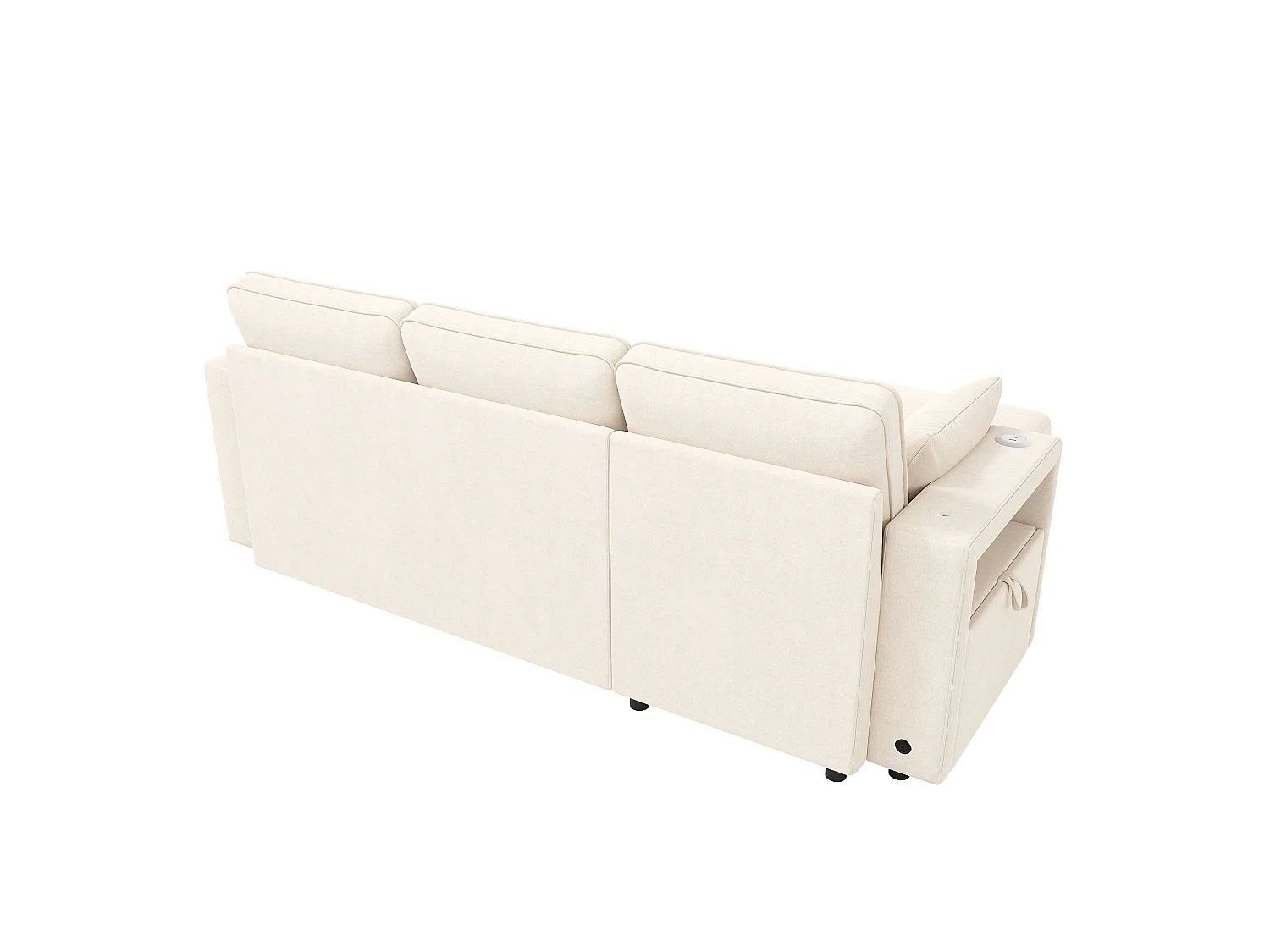 Canapé d’angle convertible 3 places en tissu chenille beige avec méridienne réversible, coffre, LED et USB