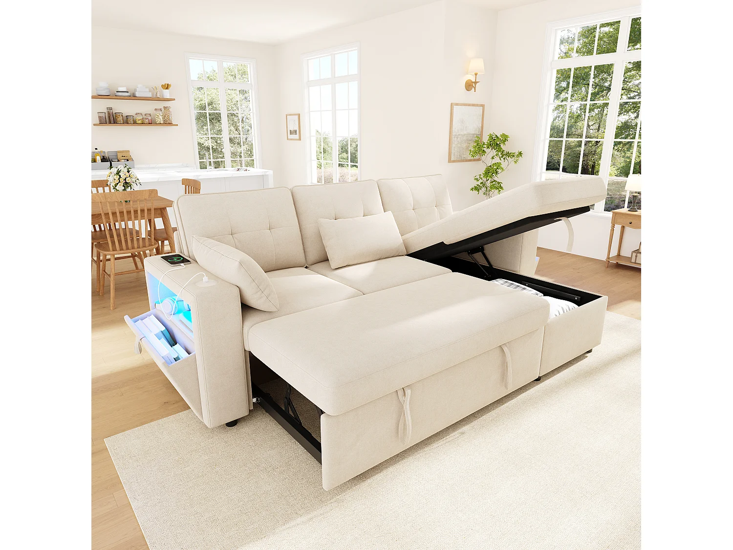 Canapé d’angle convertible 3 places en tissu chenille beige avec méridienne réversible, coffre, LED et USB