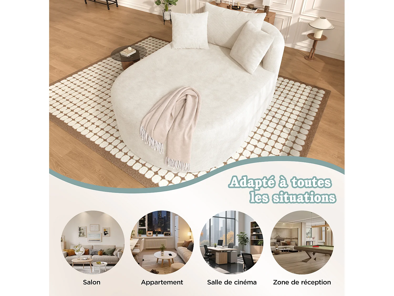 Fauteuil ovale en velours côtelé beige clair, assise profonde de 122 cm, sans montage