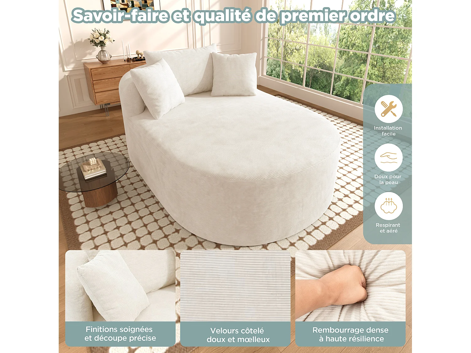 Fauteuil ovale en velours côtelé beige clair, assise profonde de 122 cm, sans montage