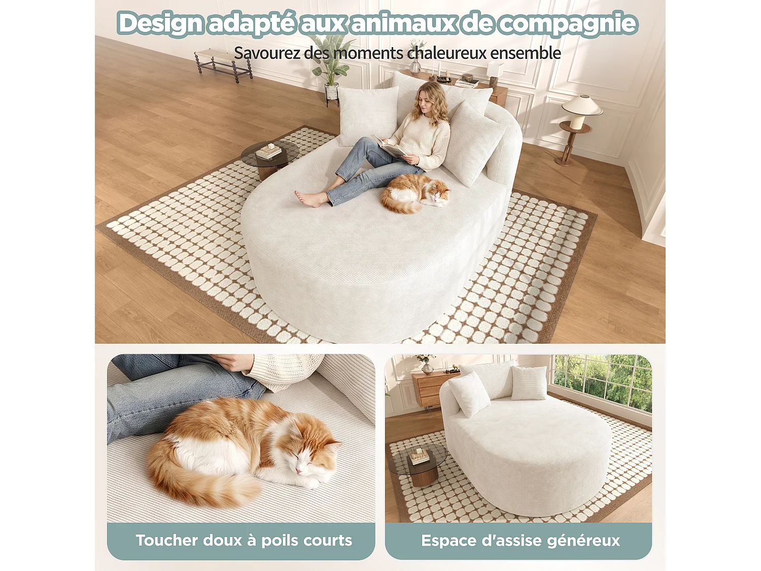 Fauteuil ovale en velours côtelé beige clair, assise profonde de 122 cm, sans montage