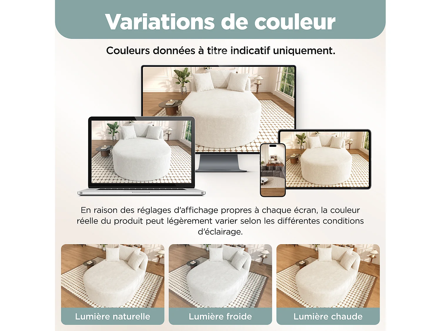 Fauteuil ovale en velours côtelé beige clair, assise profonde de 122 cm, sans montage