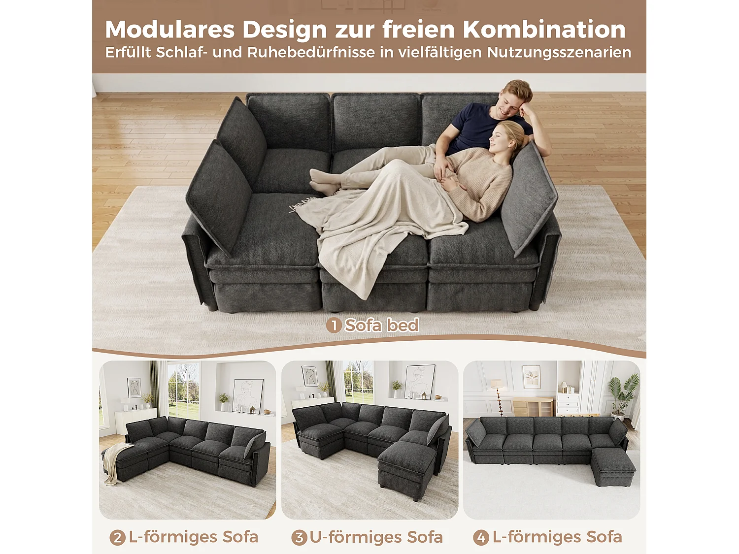 Canapé modulaire convertible 6 places en chenille gris avec pouf mobile