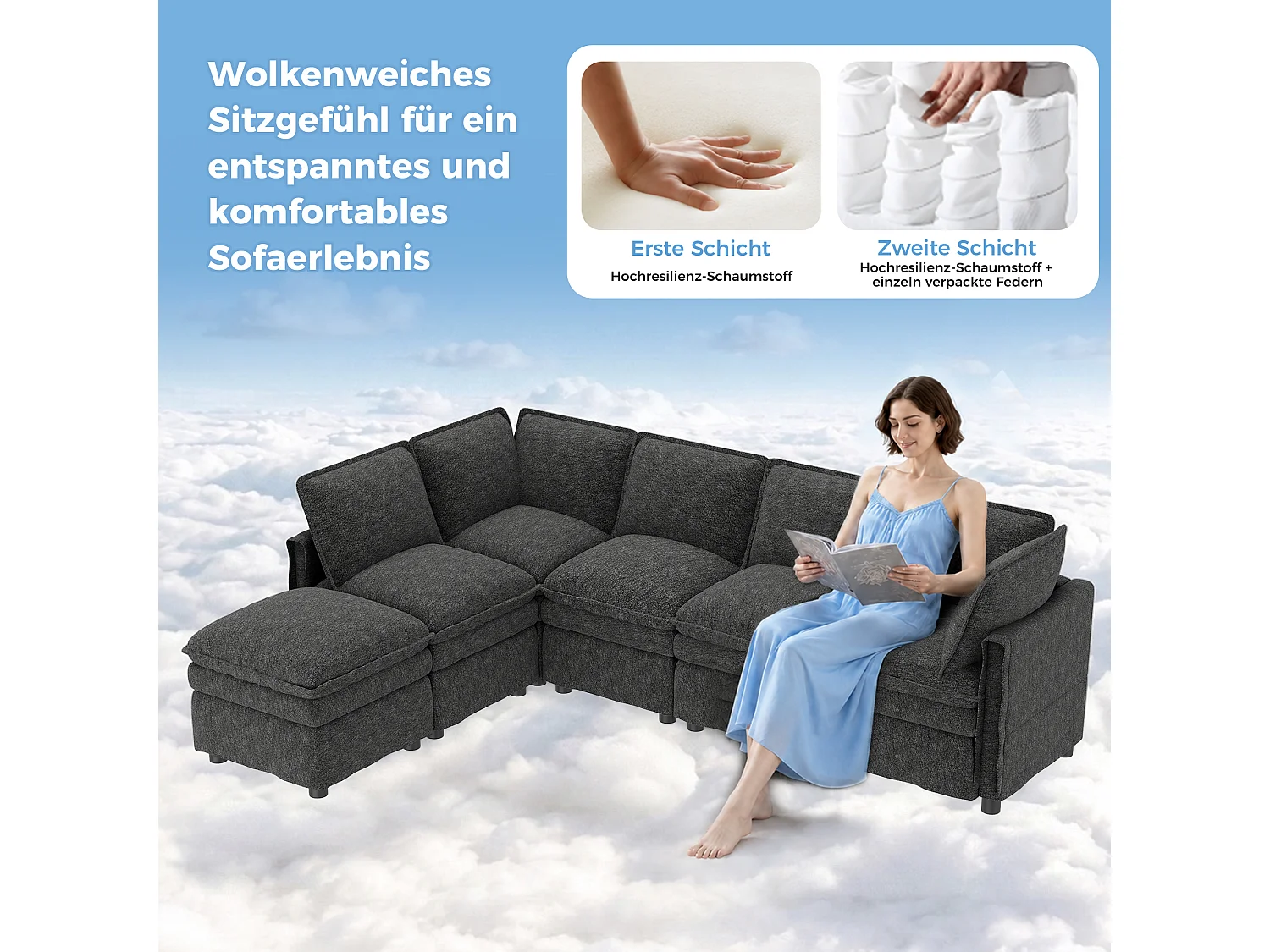 Canapé modulaire convertible 6 places en chenille gris avec pouf mobile