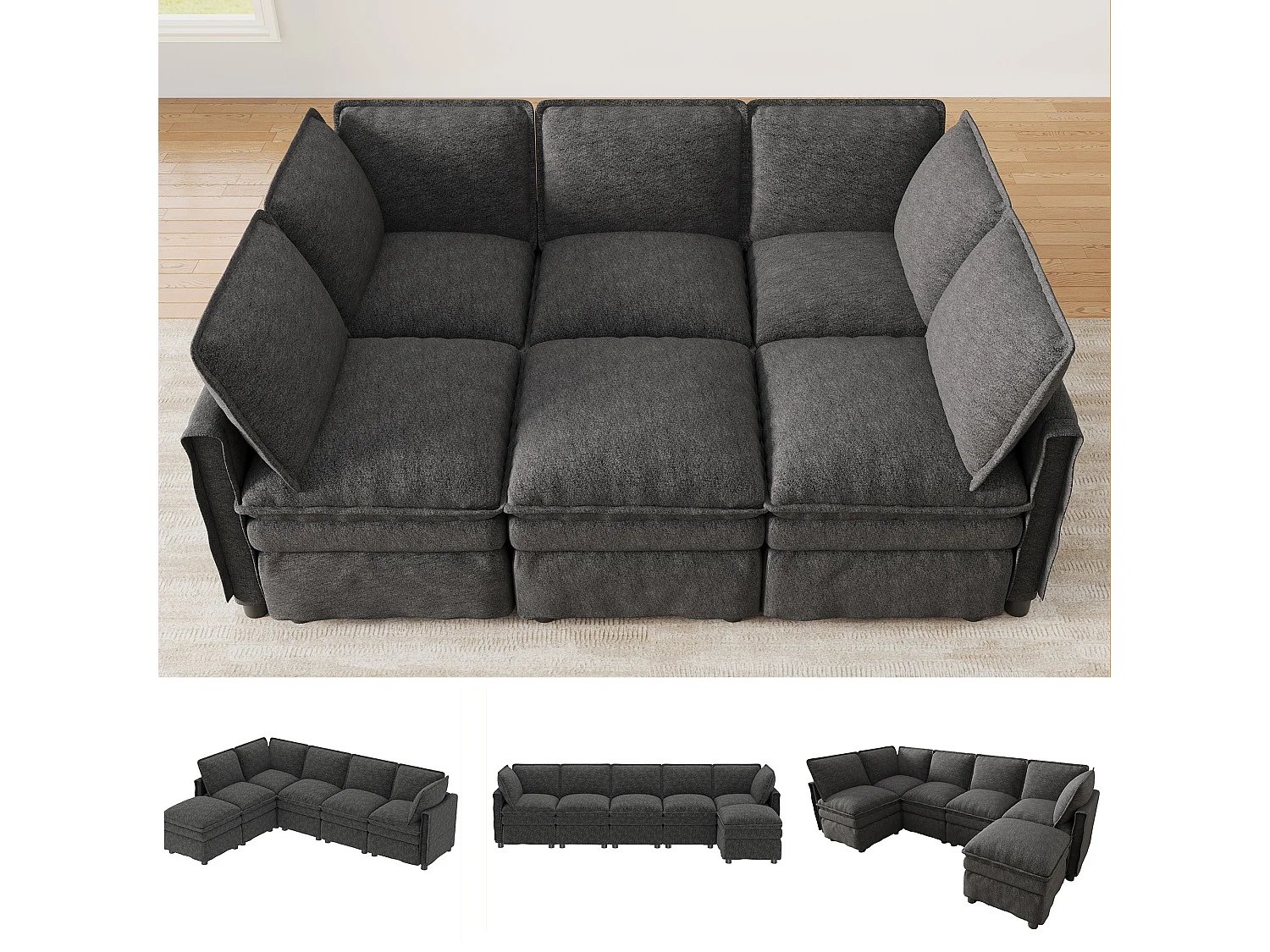Canapé modulaire convertible 6 places en chenille gris avec pouf mobile