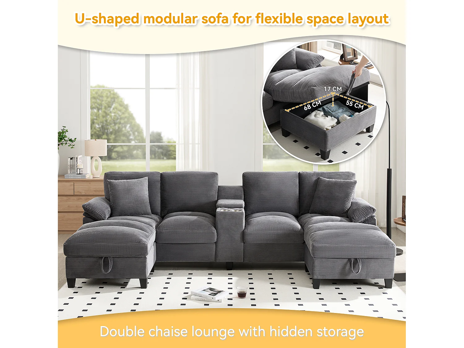Canapé panoramique en U 4 places, velours côtelé gris, rangement et USB pour le salon