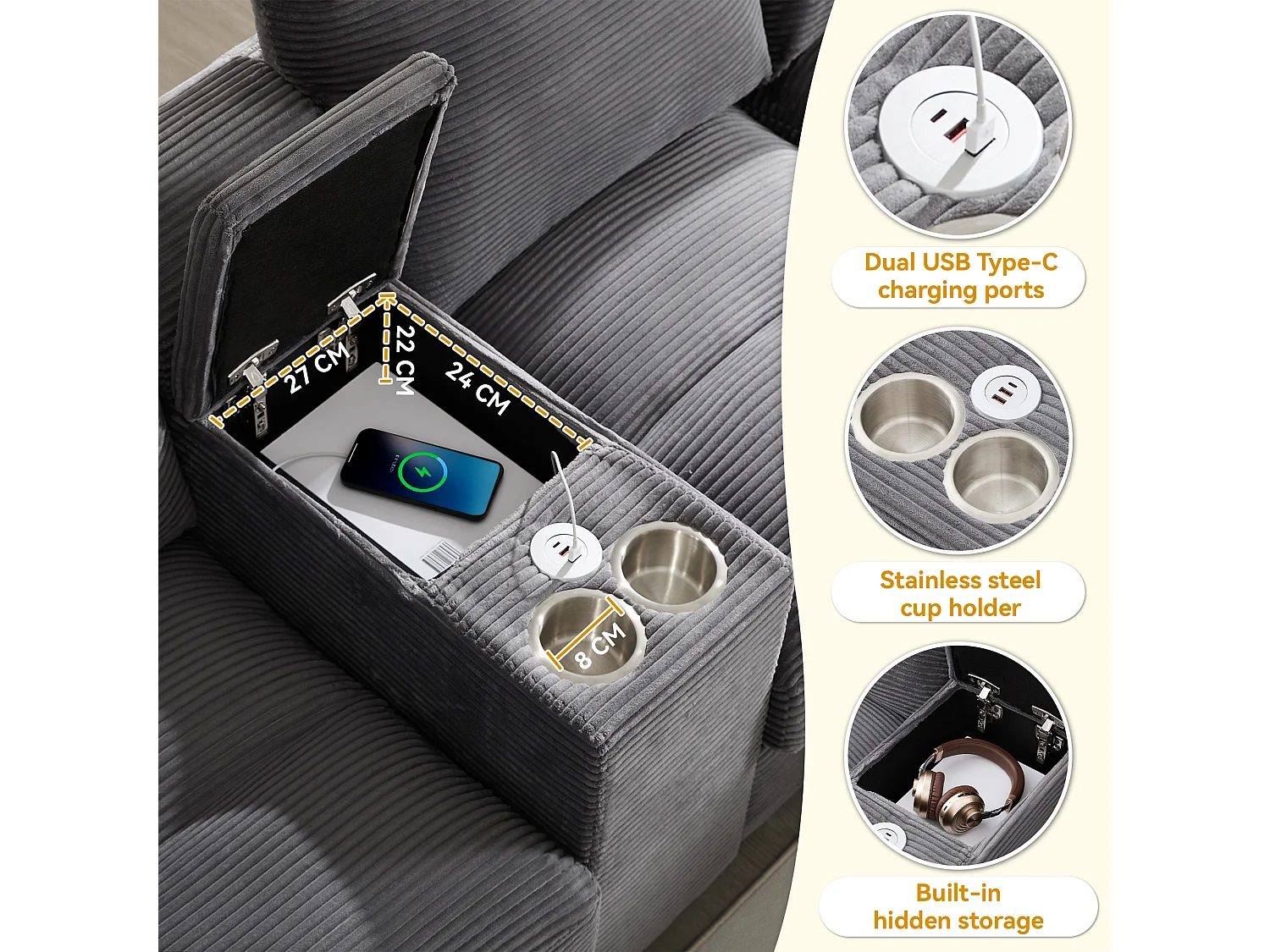 Canapé panoramique en U 4 places, velours côtelé gris, rangement et USB pour le salon