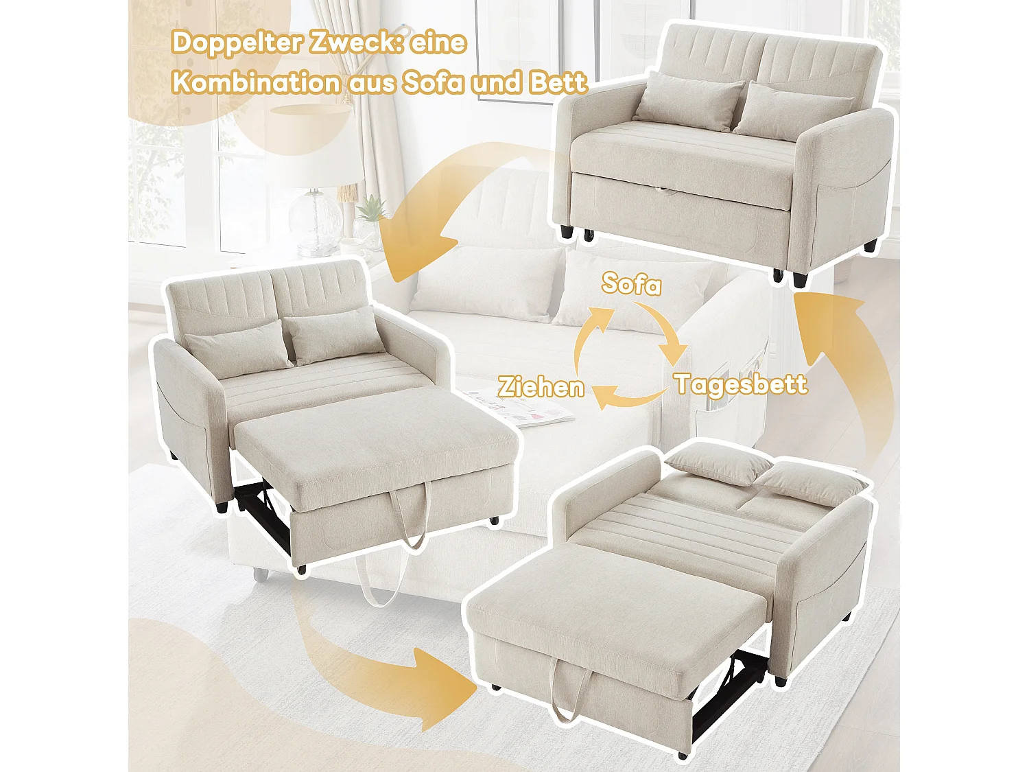 Canapé convertible 2 places en tissu coton et lin avec dossier réglable pour salon