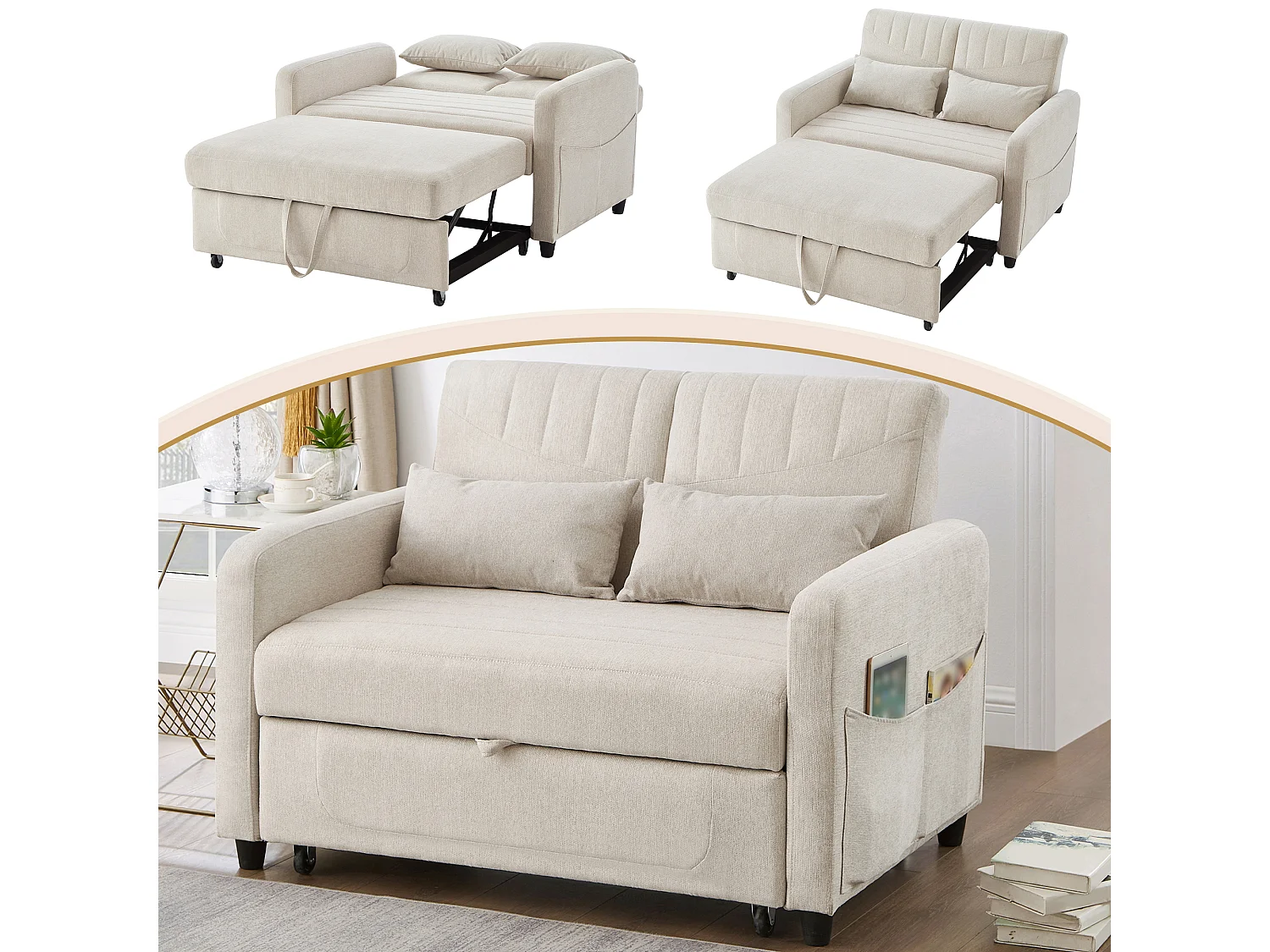 Canapé convertible 2 places en tissu coton et lin avec dossier réglable pour salon