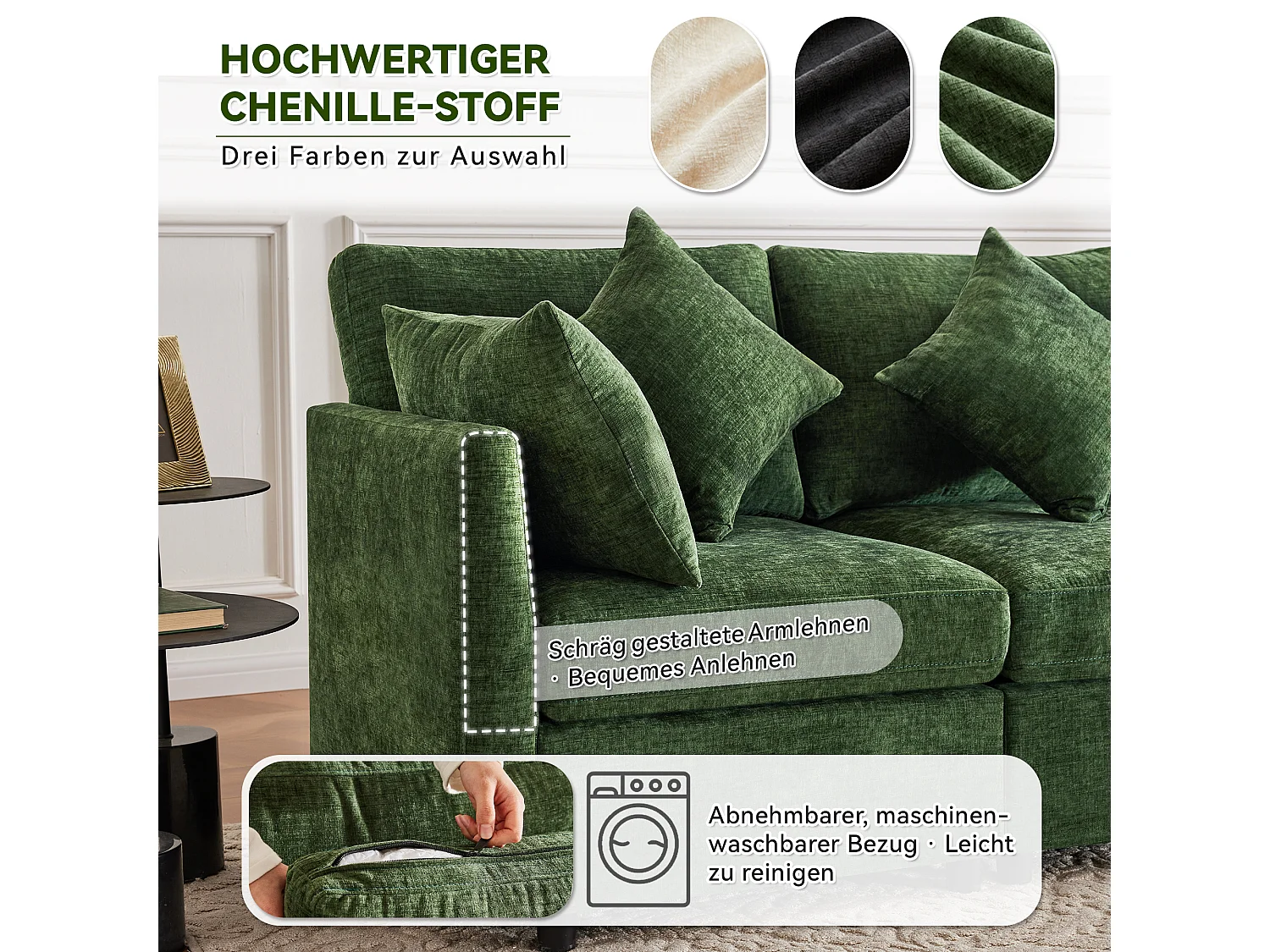 Canapé modulable en U ou en L en tissu chenille avec 2 poufs