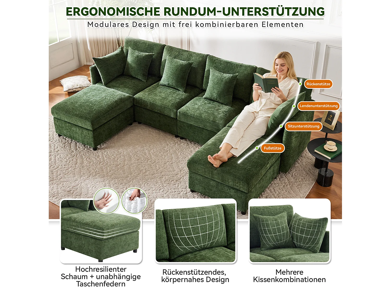 Canapé modulable en U ou en L en tissu chenille avec 2 poufs