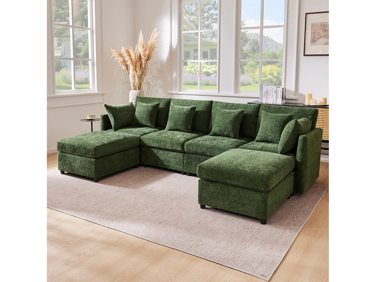 Canapé modulable en U ou en L en tissu chenille avec 2 poufs