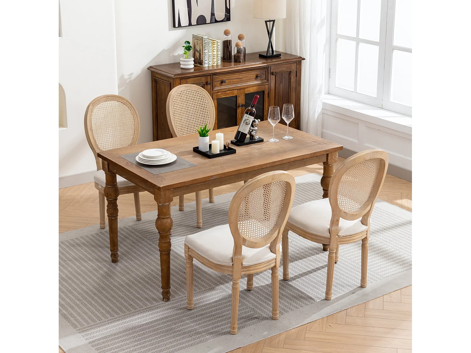 Lot de 2 chaises de salle à manger beiges style français avec dossier en rotin