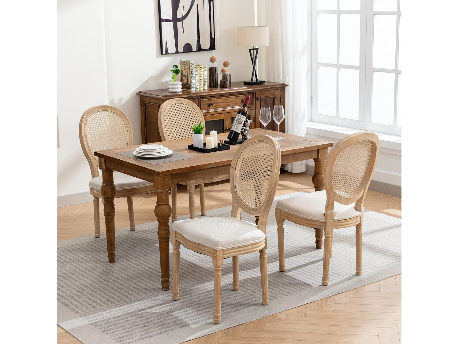 Lot de 2 chaises de salle à manger beiges style français avec dossier en rotin
