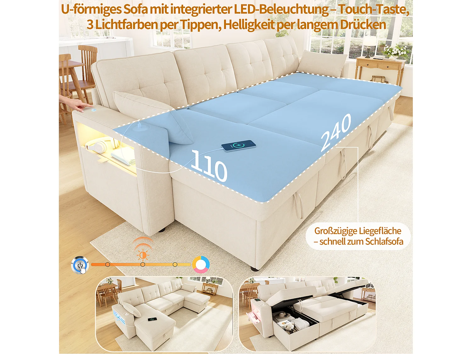 Canapé convertible en lit en U 4 places avec 2 méridiennes, rangement, USB et LED, chenille beige