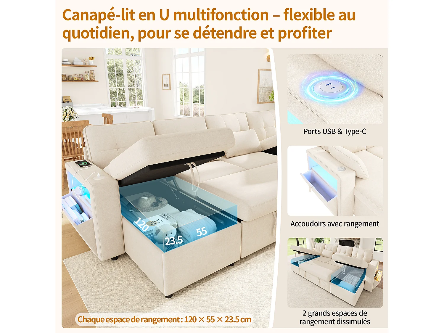 Canapé convertible en lit en U 4 places avec 2 méridiennes, rangement, USB et LED, chenille beige