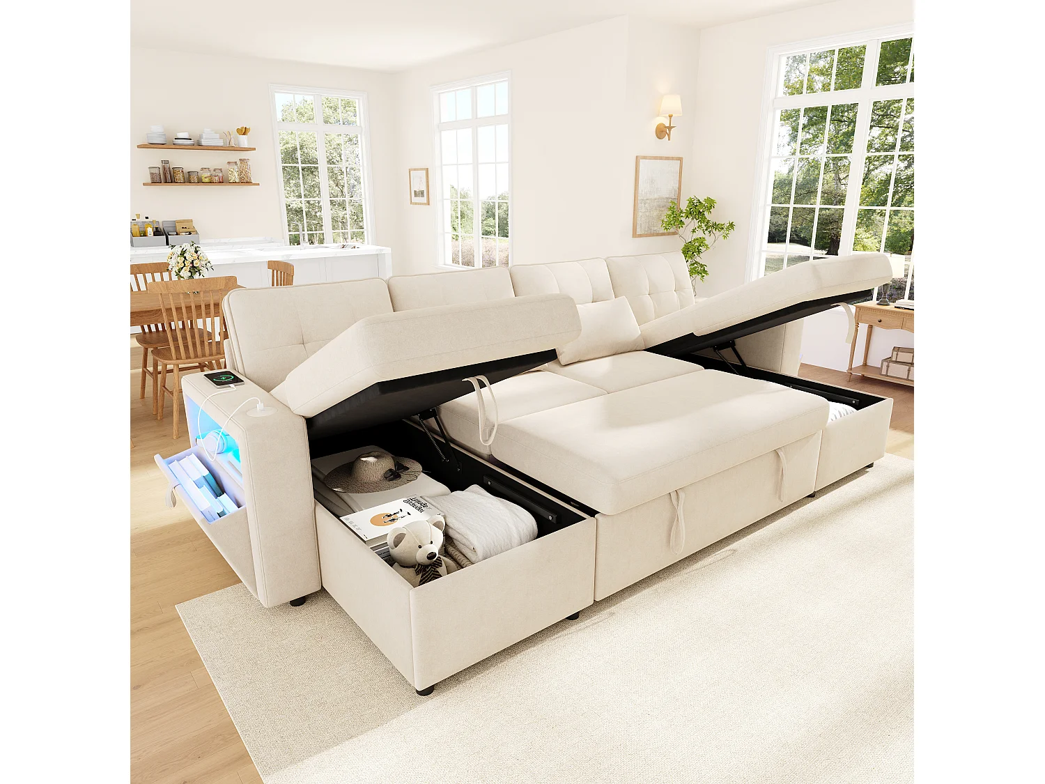 Canapé convertible en lit en U 4 places avec 2 méridiennes, rangement, USB et LED, chenille beige
