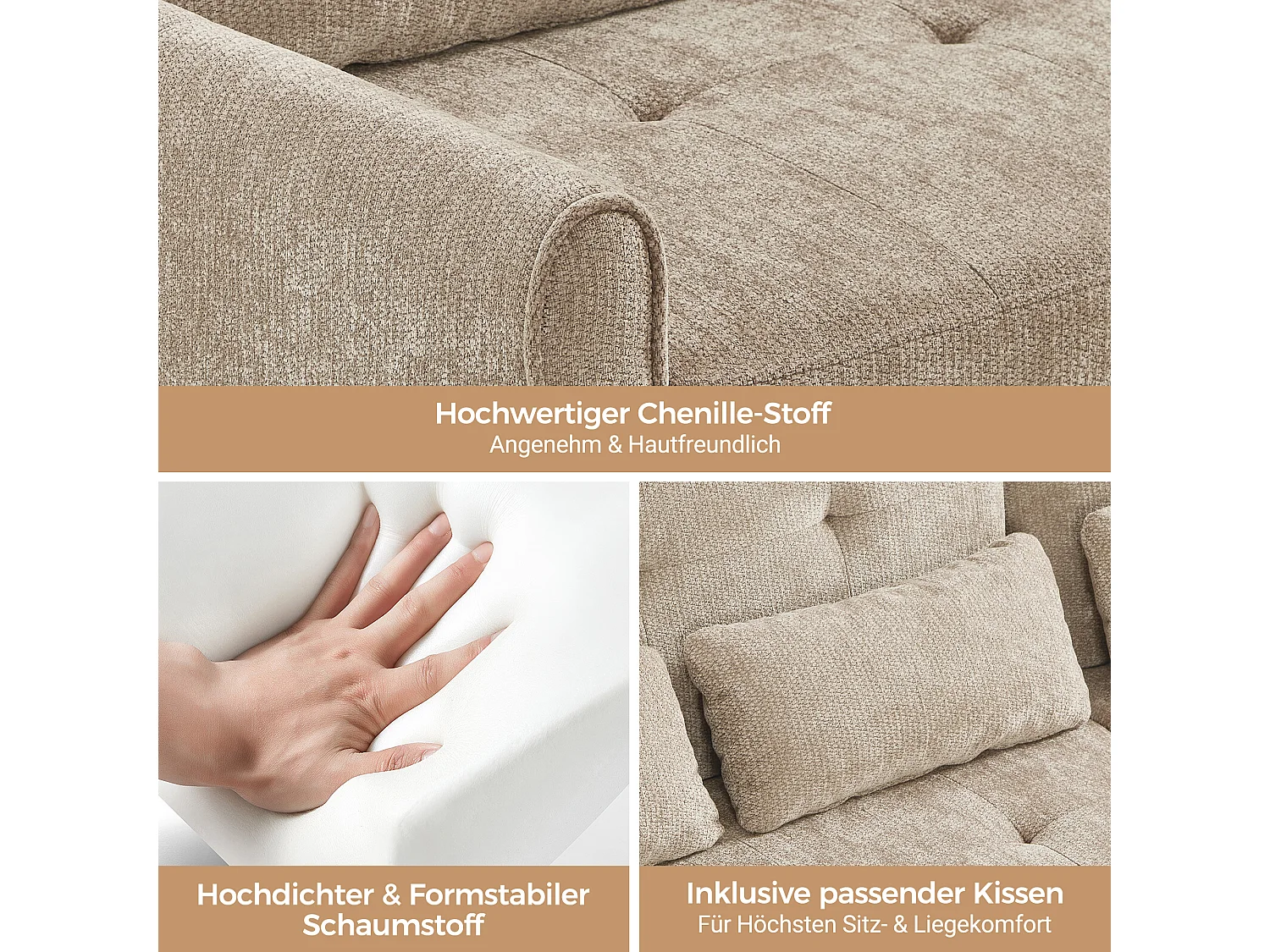 Canapé convertible 3 places en chenille marron, assise extensible et dossier réglable pour salon