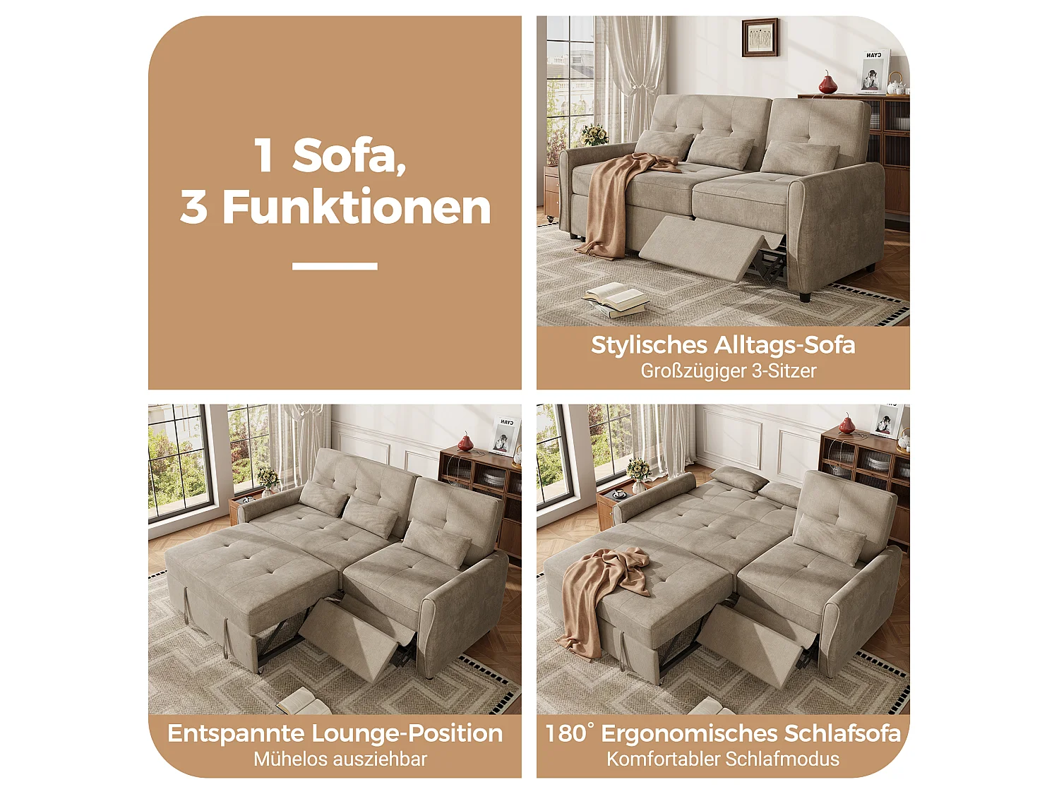 Canapé convertible 3 places en chenille marron, assise extensible et dossier réglable pour salon