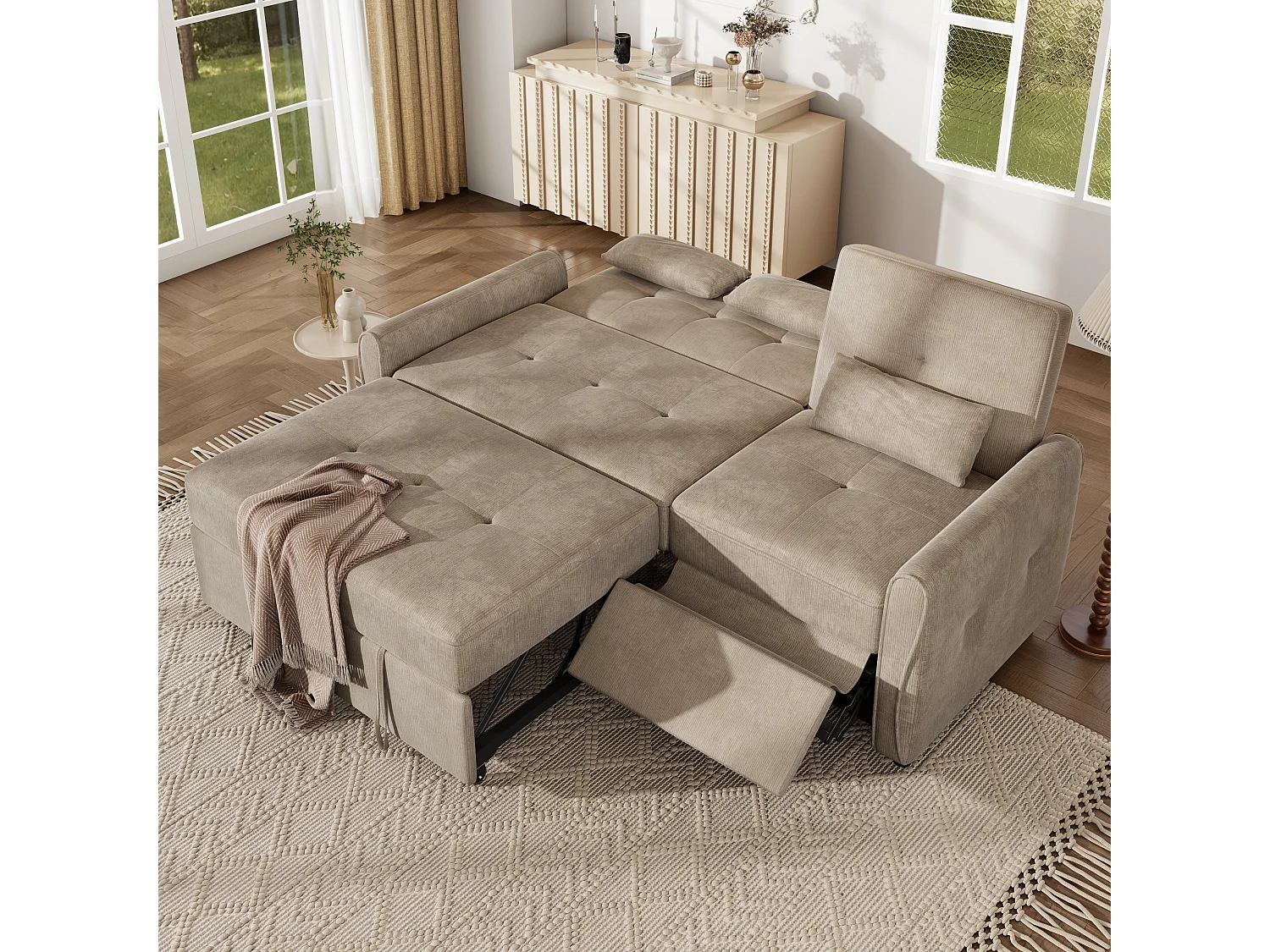 Canapé convertible 3 places en chenille marron, assise extensible et dossier réglable pour salon