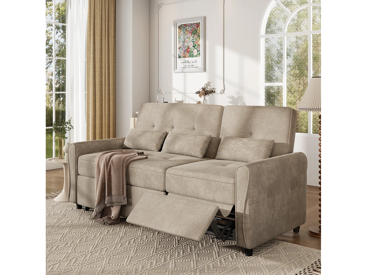 Canapé convertible 3 places en chenille marron, assise extensible et dossier réglable pour salon