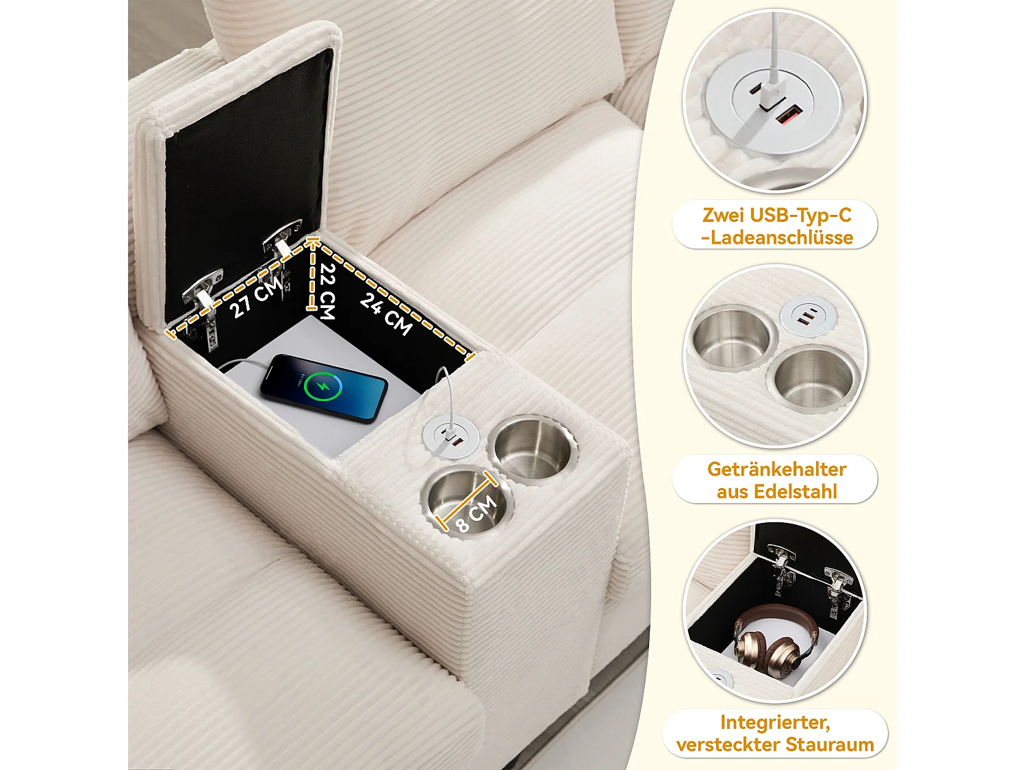 Canapé en U 4 places modulable en velours côtelé avec rangement, USB et porte-gobelets