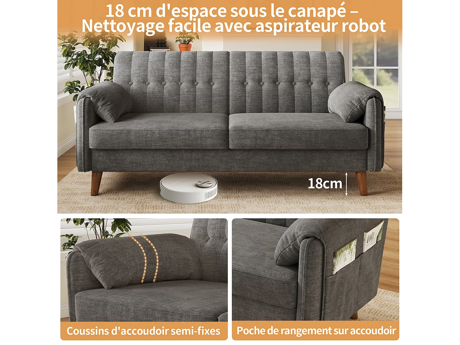 Canapé 2 places en chenille gris clair pour petit espace