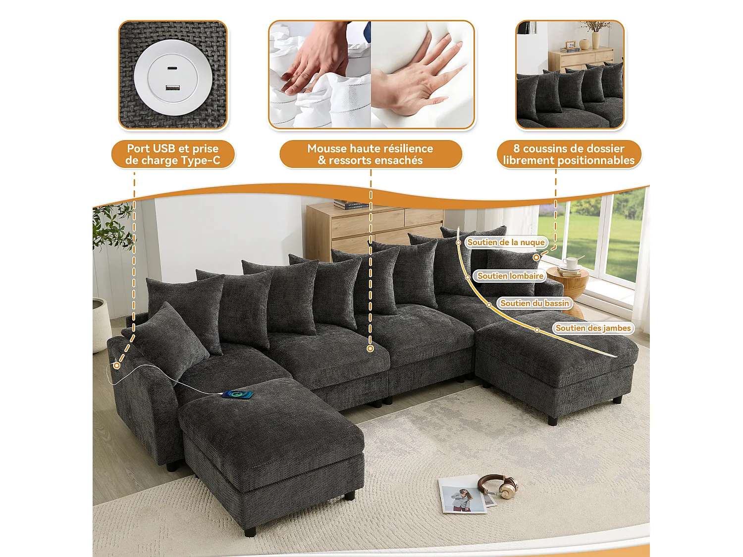 Canapé d’angle modulable 6 places gris en chenille gaufrée avec 2 poufs