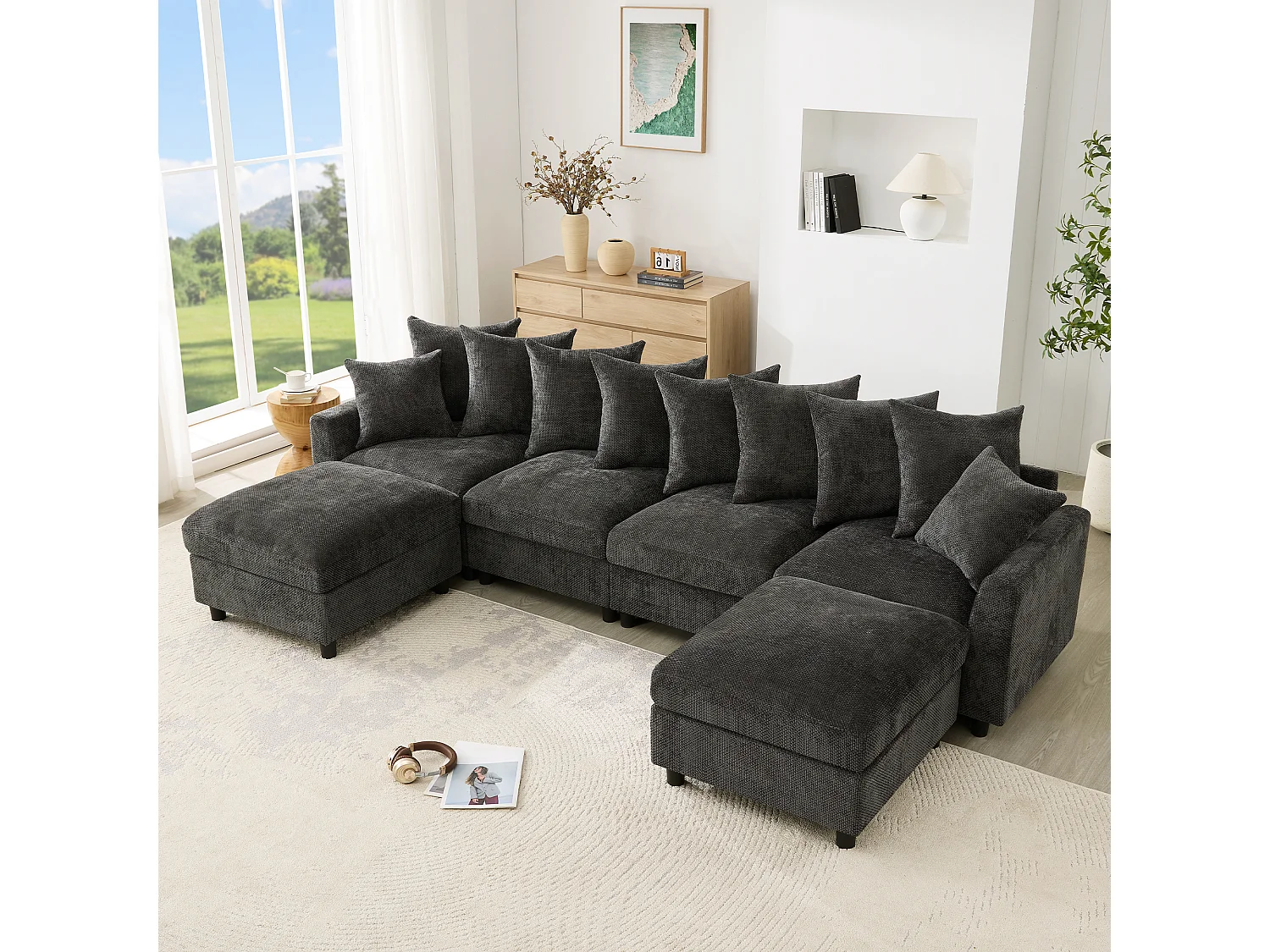 Canapé d’angle modulable 6 places gris en chenille gaufrée avec 2 poufs