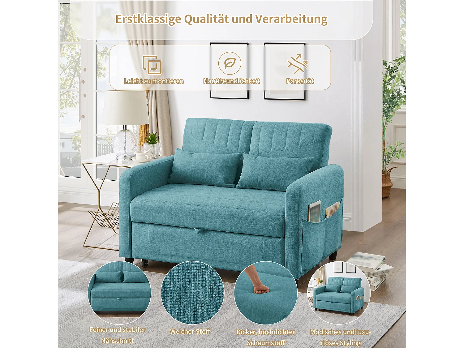 Canapé convertible 2 places bleu vert en coton et lin, dossier réglable et couchage d'appoint pour salon