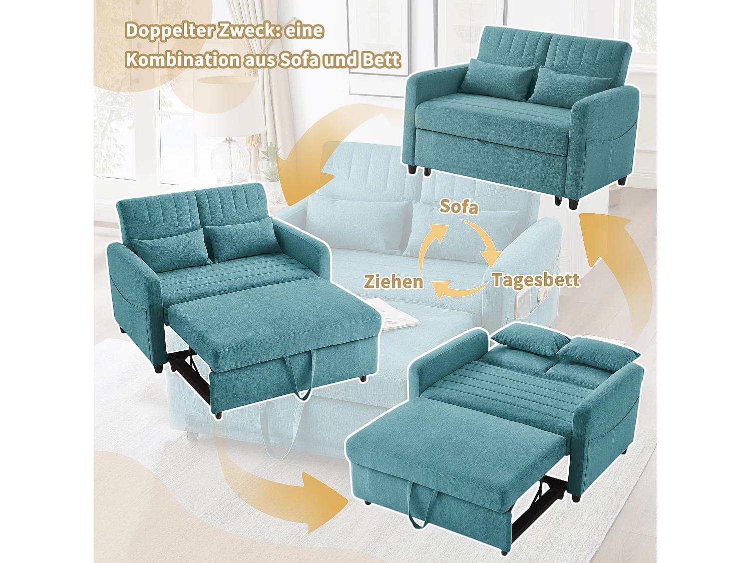Canapé convertible 2 places bleu vert en coton et lin, dossier réglable et couchage d'appoint pour salon