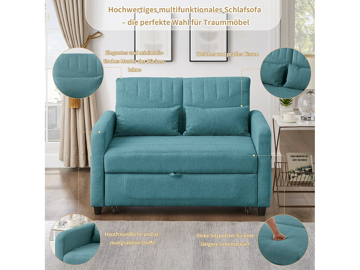Canapé convertible 2 places bleu vert en coton et lin, dossier réglable et couchage d'appoint pour salon