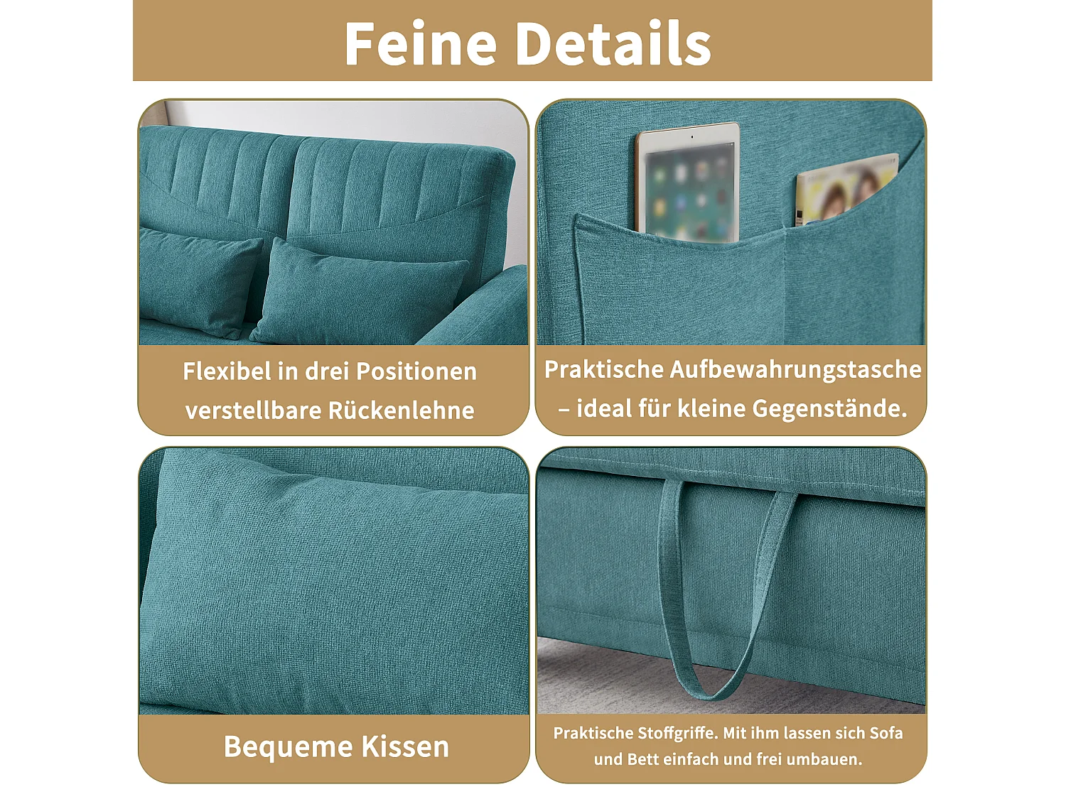 Canapé convertible 2 places bleu vert en coton et lin, dossier réglable et couchage d'appoint pour salon